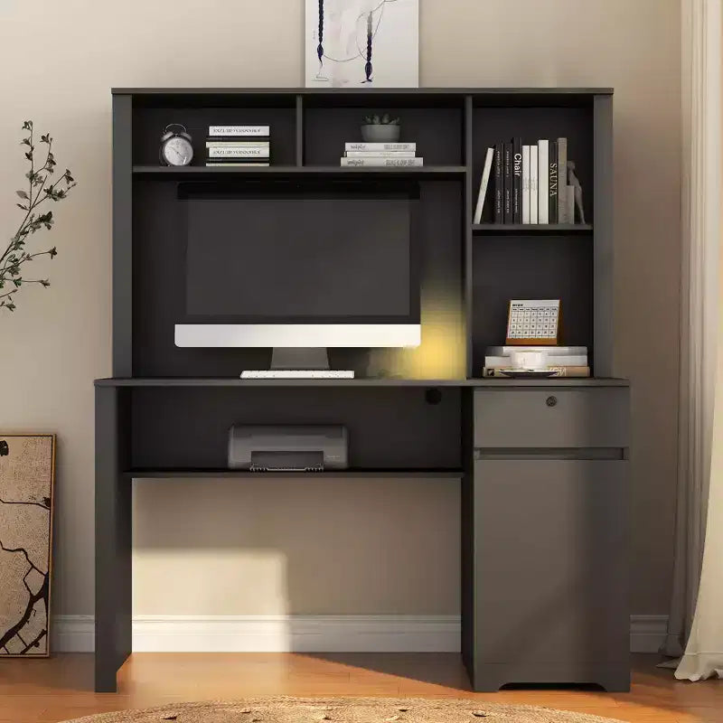 Moderne computerbureau van 51,18 inch met opzetkast en boekenkast, kantoorbureau met veel opbergruimte, schrijf bureau voor studeerkamer en leesruimte