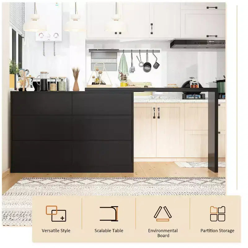 Drehbares/ausziehbares Smart-Buffet-Sideboard mit 6 Schubladen, verlängerter Tischplatte, rutschfester Matte, drehbarem Esstisch und Kücheninsel-Speisekammer