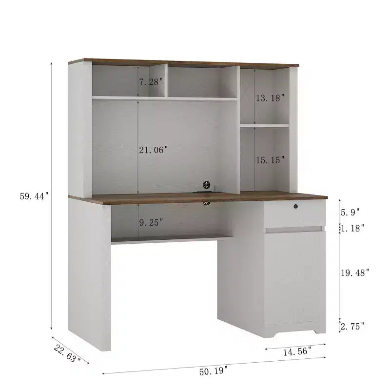 Moderne computerbureau van 51,18 inch met opzetkast en boekenkast, kantoorbureau met veel opbergruimte, schrijf bureau voor studeerkamer en leesruimte