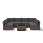7-delige outdoor loungeset van vlechtwerk en staal met kussens