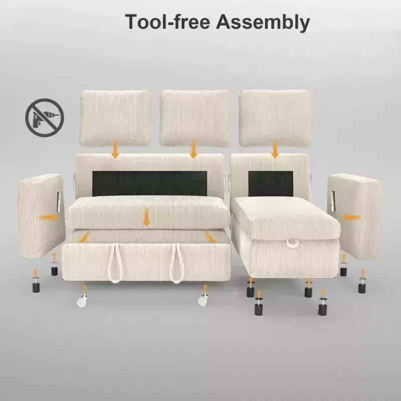 Dyonery Divano letto estraibile 2 in 1 con chaise longue contenitore, divano componibile in velluto a coste C con porte USB per il soggiorno