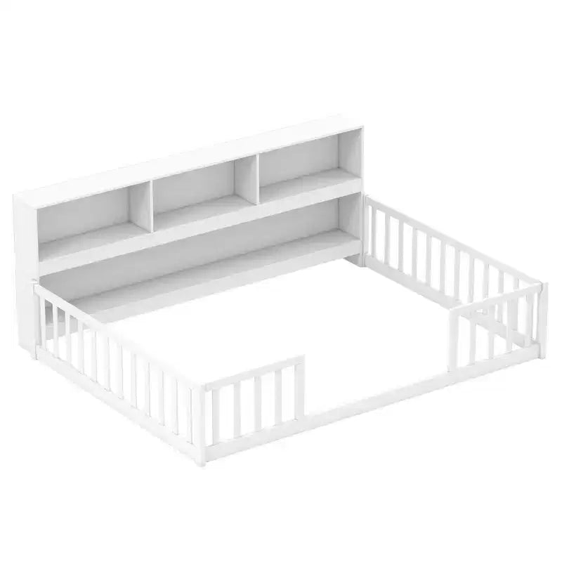 Montessori-Bodenbett in Twin-/Full-Größe mit Bücherregal, Stauraumfächern und Sicherheitsgittern, Weiß/Grau