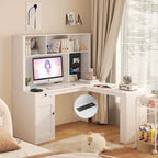L-vormig bureau met stopcontact, computerbureau met laden, boekenkast en opzetkast, modern hoekbureau, bureau voor thuiskantoor