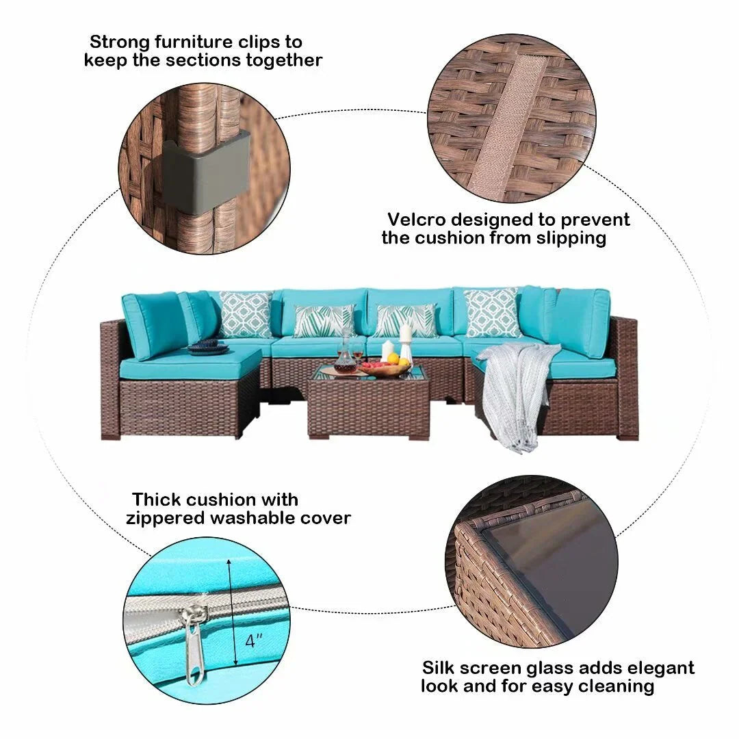 7-delige outdoor loungeset van vlechtwerk en staal met kussens