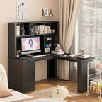 L-vormig bureau met stopcontact, computerbureau met laden, boekenkast en opzetkast, modern hoekbureau, bureau voor thuiskantoor