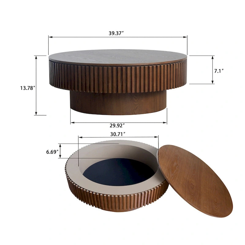 Tavolino rotondo moderno in legno massello impiallacciato con contenitore, da caffè o da tè