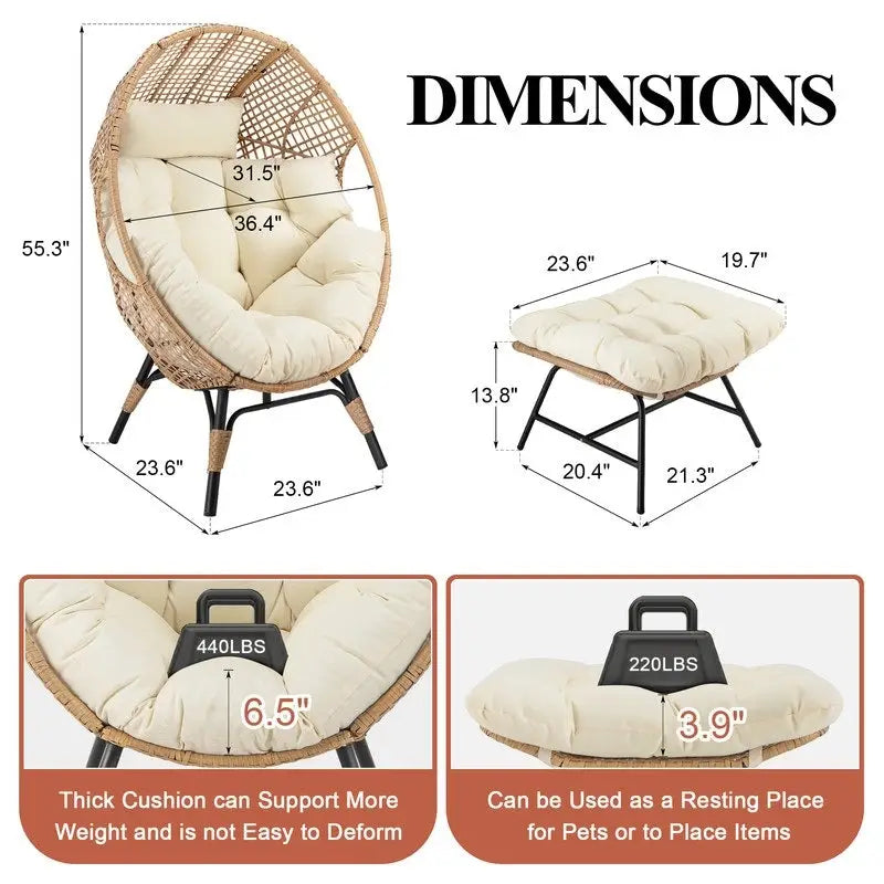 Sedia a uovo da interno FINCATI, sedia a uovo da esterno da 440 libbre, sedia a uovo oversize con pouf, sedia a uovo di lusso e confortevole con poggiapiedi