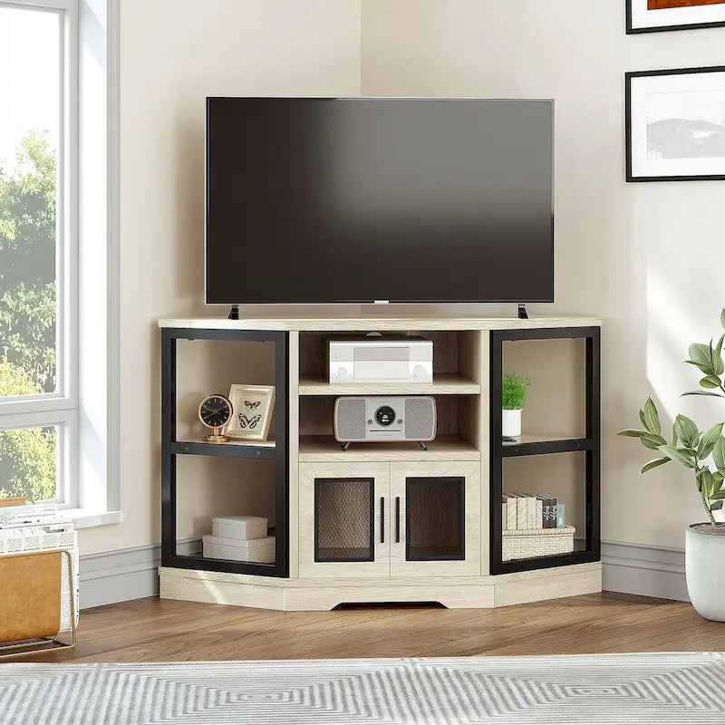 Mobile TV angolare in stile farmhouse, centro d'intrattenimento e consolle multimediale per TV fino a 55" con presa di corrente