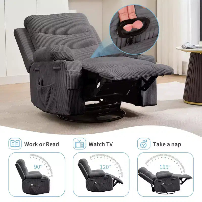 Poltrona reclinabile a dondolo girevole a 360° oversize con massaggio e calore - sedia lounge ergonomica con portabicchieri e tasche laterali per soggiorno e cameretta