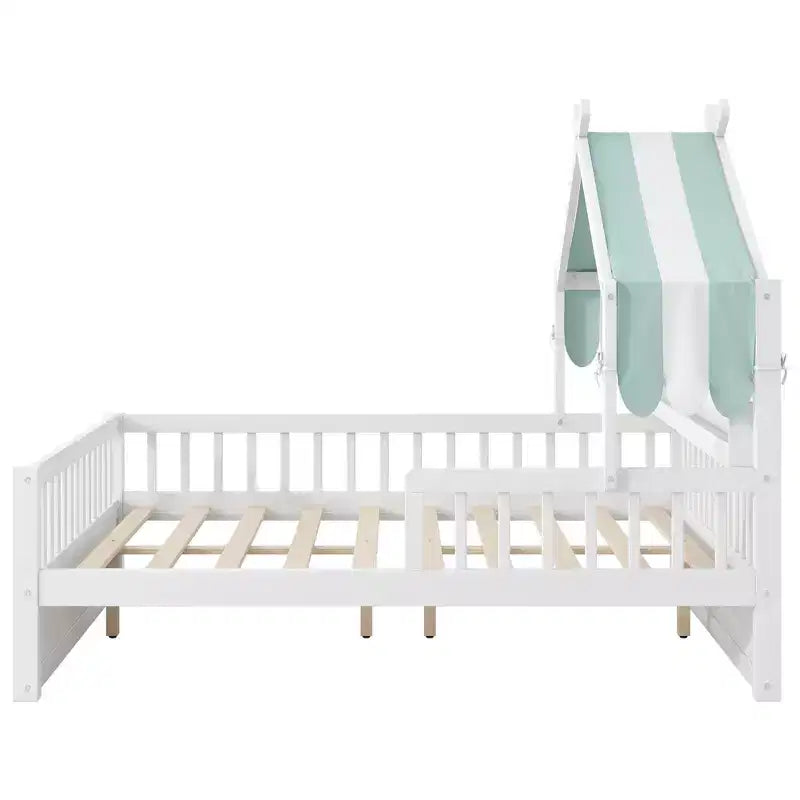 Letto a casetta in legno ModernLuxe per letto singolo/matrimoniale con testiera contenitore, struttura letto per bambini in pino massello con sponde di sicurezza