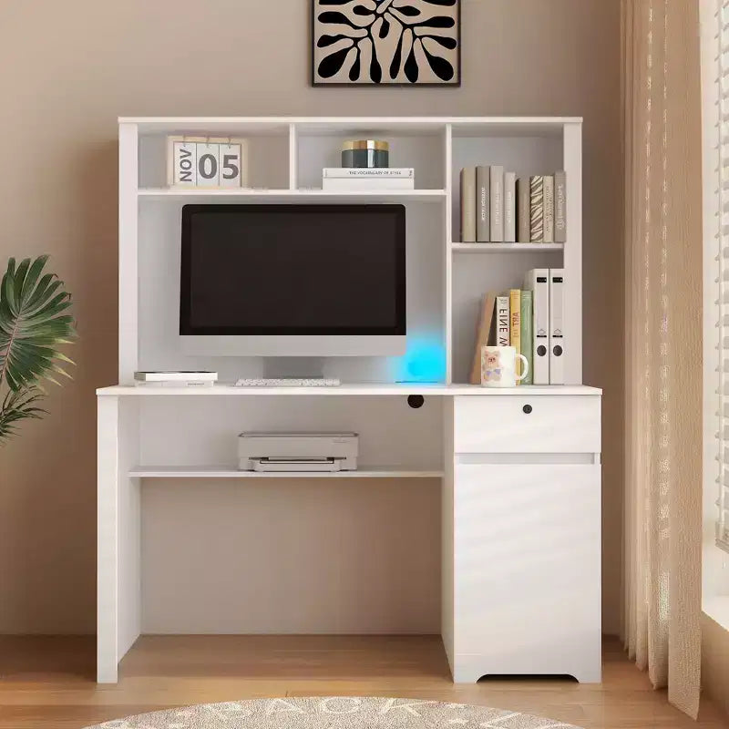 Moderne computerbureau van 51,18 inch met opzetkast en boekenkast, kantoorbureau met veel opbergruimte, schrijf bureau voor studeerkamer en leesruimte