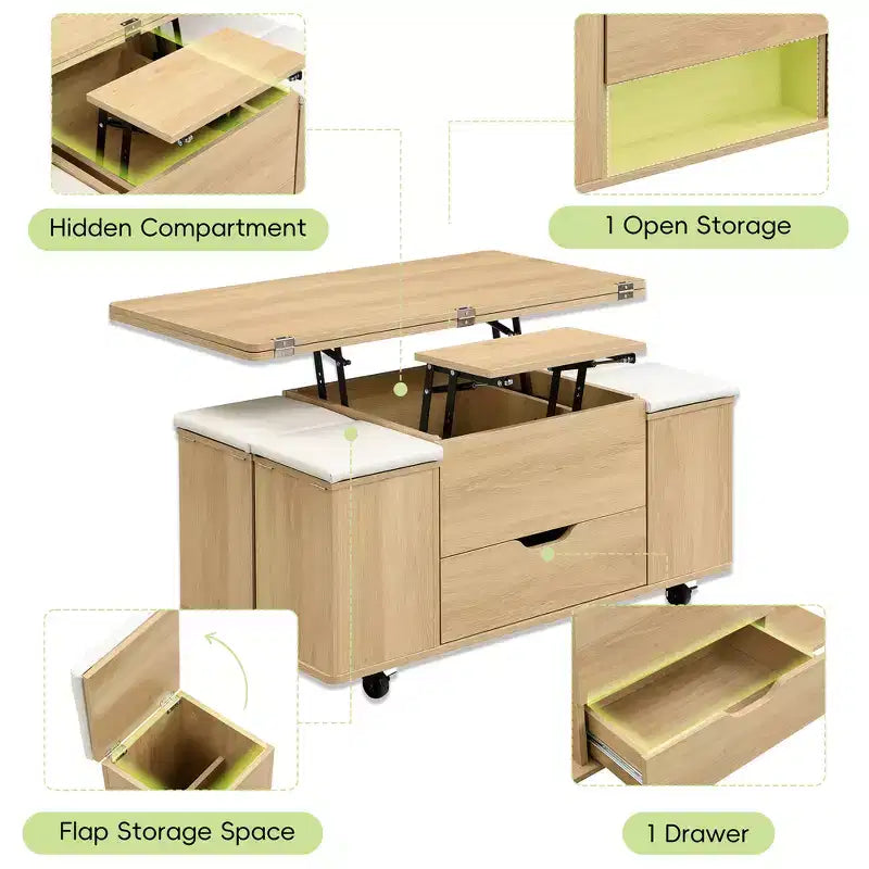 Multifunktionaler moderner Couchtisch mit Liftplatte, verborgenem Stauraum, 4 Hockern und Rollen – perfekt für moderne Wohnbereiche