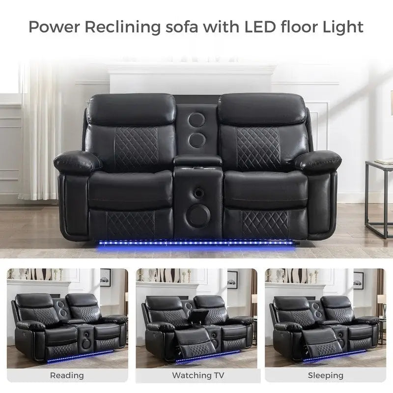 Elektrisch verstellbares Sofa mit kabellosem Ladegerät, Leselicht, LED-Beleuchtung für das Wohnzimmer, Kunstleder, AC-/USB-Anschluss, Getränkehalter, Schwarz