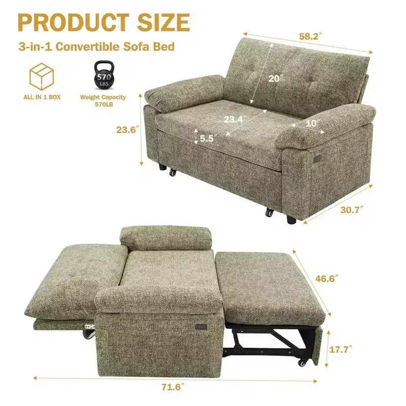 Dyonery 3-in-1-Schlafsofa, ausziehbares Schlafsofa mit verstellbarer Rückenlehne