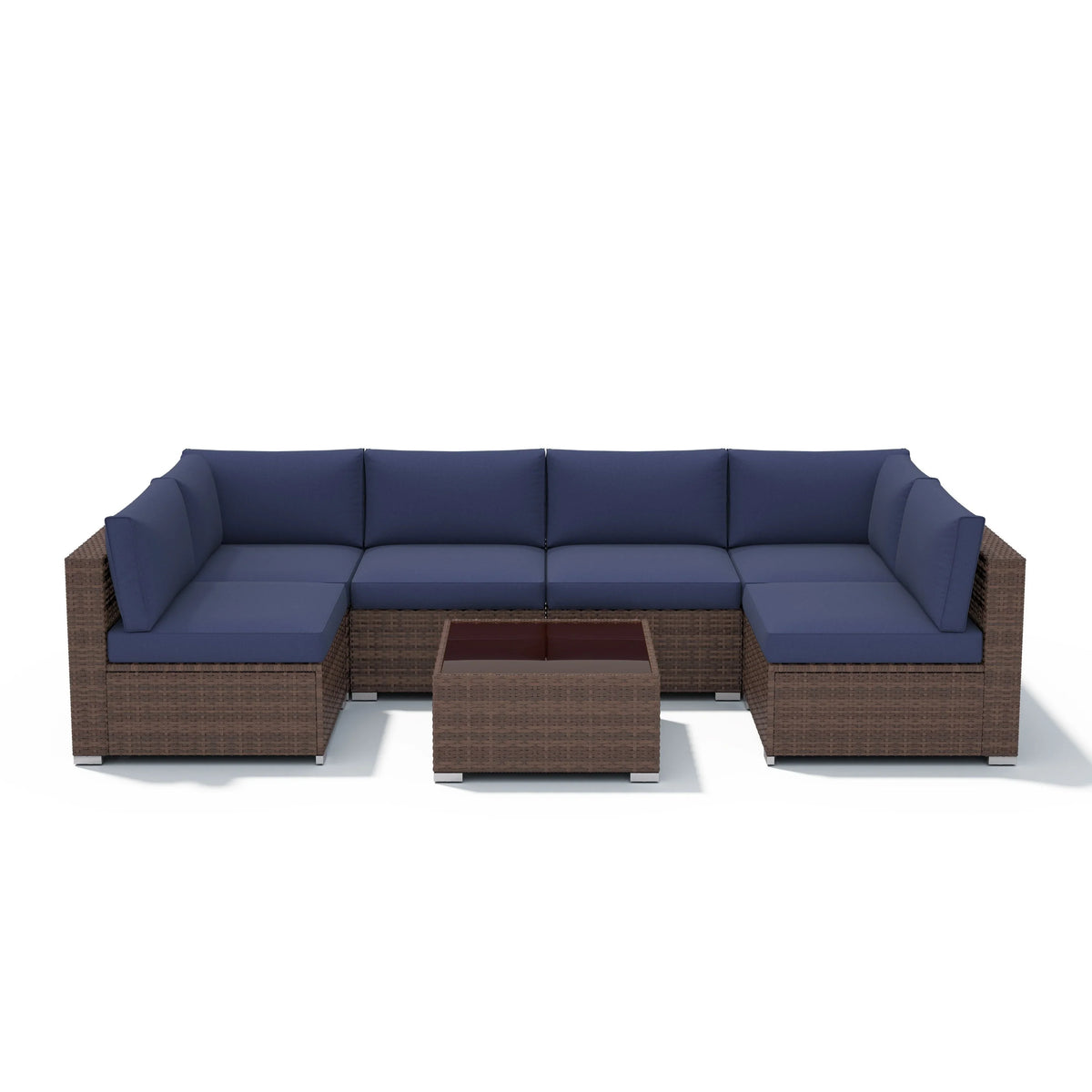7-delige outdoor loungeset van vlechtwerk en staal met kussens