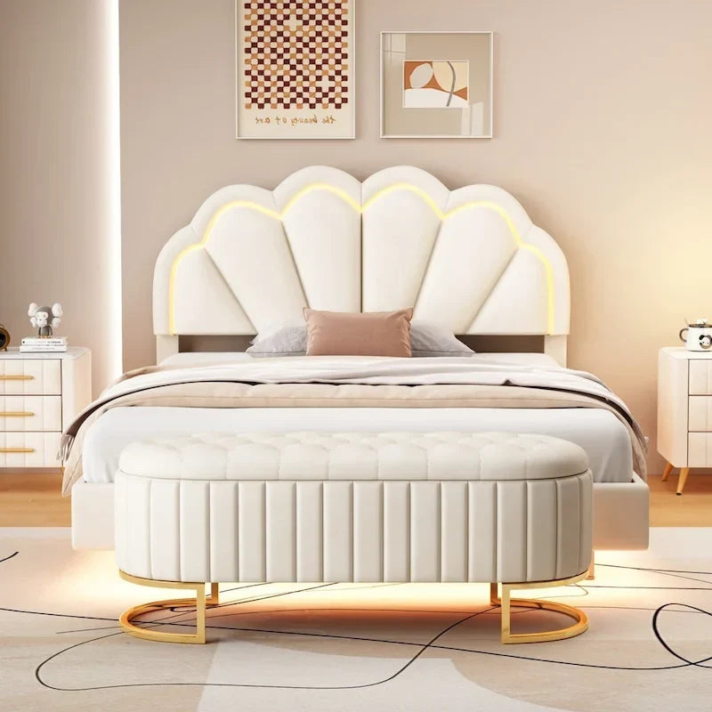Sett tas-sodda 2-biċċiet b'sodda platforma doppja LED u pouf għall-ħażna