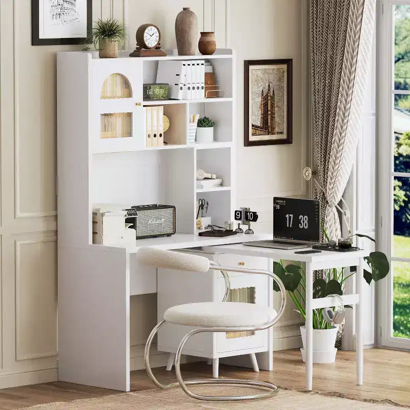 Okak moderner Schreibtisch aus Holz für das Homeoffice mit Tischplatte/Stuhl und Bücherregal, Stauraum-Schreibtisch für Jugendliche und Studierende zum Lernen und Arbeiten