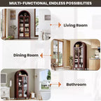 Tall Arched Storage Cabinet with Glass Doors, 5-Tier Display Bookcase with Adjustable Shelves for Kitchen or Living Room