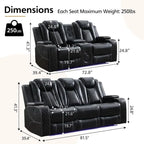 Elektrisch verstellbares Sofa mit kabellosem Ladegerät, Leselampe für das Wohnzimmer, Kunstleder, LED-Beleuchtung, AC-/USB-Anschluss und Getränkehalter, Schwarz