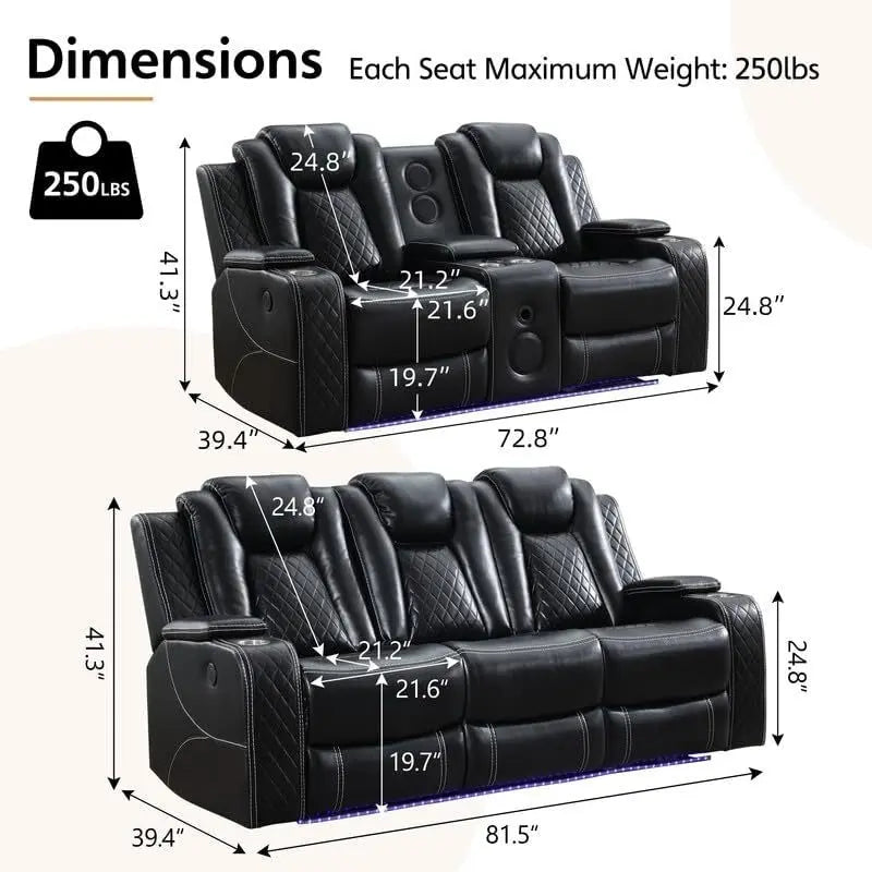 Elektrisch verstellbares Sofa mit kabellosem Ladegerät, Leselampe für das Wohnzimmer, Kunstleder, LED-Beleuchtung, AC-/USB-Anschluss und Getränkehalter, Schwarz