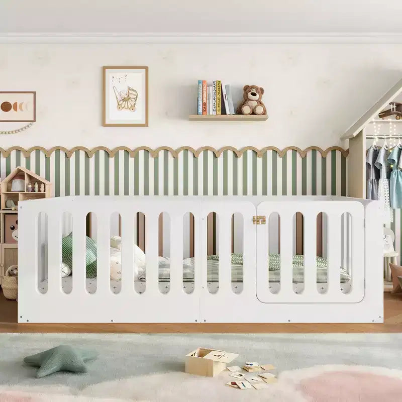 White Twin Montessori Floor Bed with Fence Rails & Door 鈥?Solid Wood, 1 Child