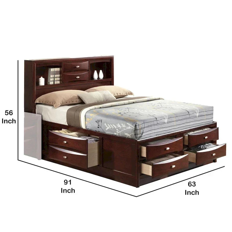 Letto matrimoniale dal design a pannelli con libreria e cassetti, marrone