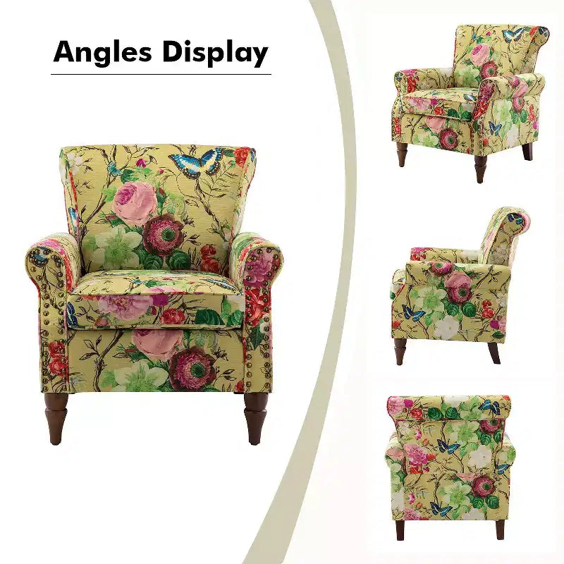 Araceli traditionele houten bloemenfauteuil met bekleding, hoge rugleuning en sierspijkerrand| ART OF LIVING DESIGNS