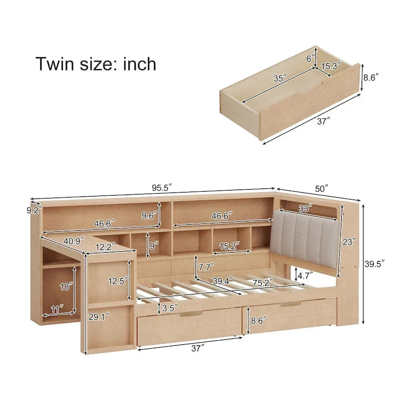 Divano letto in legno a forma di L con scrivania, libreria, letto angolare con cassetti sottoletto, testiera imbottita con luce integrata