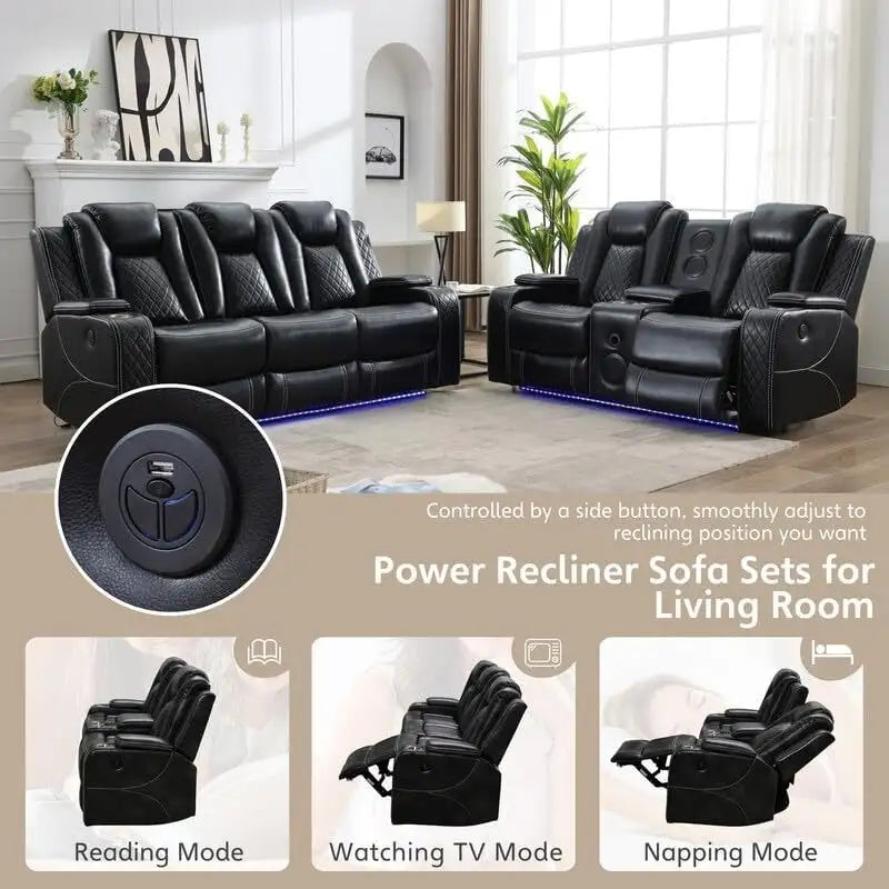 Elektrisch verstellbares Sofa mit kabellosem Ladegerät, Leselampe für das Wohnzimmer, Kunstleder, LED-Beleuchtung, AC-/USB-Anschluss und Getränkehalter, Schwarz