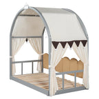 Letto Montessori a piattaforma in legno massello a forma di casetta, con tetto ad arco e letto estraibile, per bambine e bambini