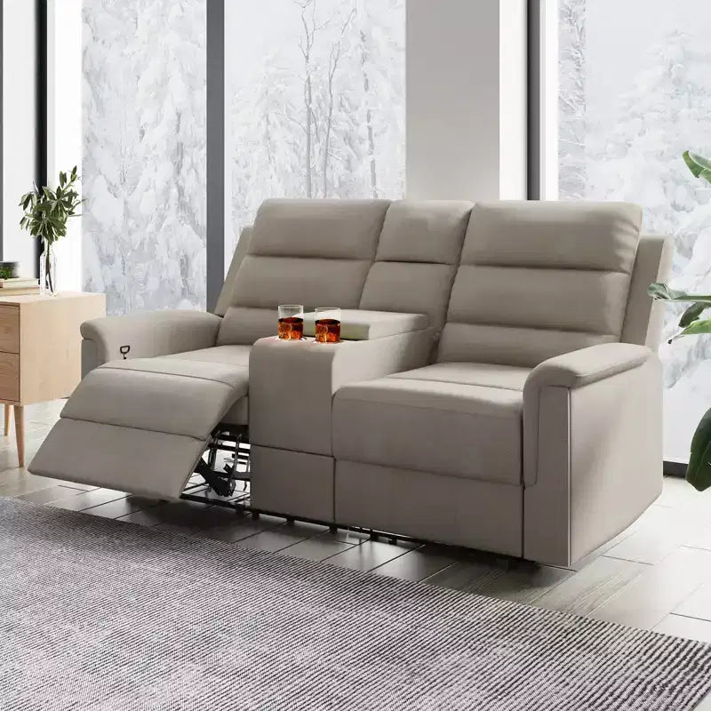 Divanetto reclinabile in tessuto tecnico beige/grigio, 2 posti, con schienale e poggiapiedi regolabili