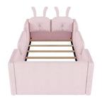 Whisen Twin Platform Bed, Kids Floor Upholstered Bed Frame with Rabbit Cushion, Removable Side Rails