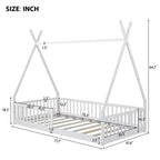 Floor Bed for Kids, Twin Size Tent Beds, Montessori Floor Bed with Slats and Fence Rails, Wood House Bed Frame for Boys Girls