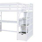 Twin Size Loft Bed with Desk and Shelves, Two Built-in Drawers, Storage Staircase