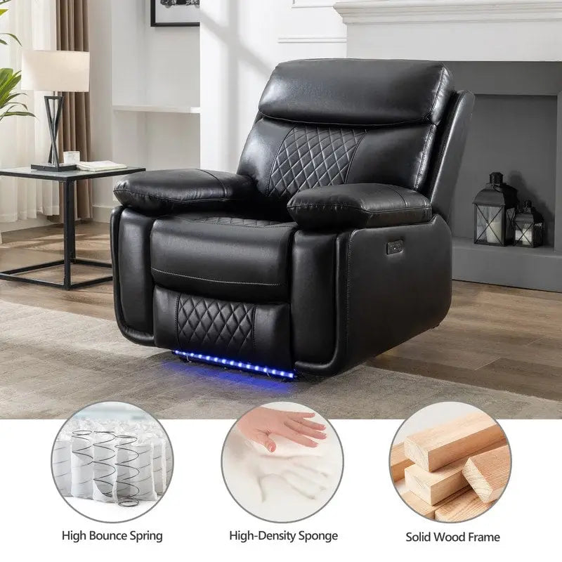 Elektrisch verstellbares Sofa mit kabellosem Ladegerät, Leselicht, LED-Beleuchtung für das Wohnzimmer, Kunstleder, AC-/USB-Anschluss, Getränkehalter, Schwarz