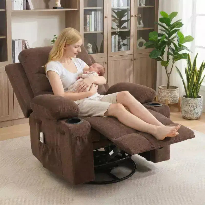 Poltrona reclinabile a dondolo girevole a 360° oversize con massaggio e calore - sedia lounge ergonomica con portabicchieri e tasche laterali per soggiorno e cameretta