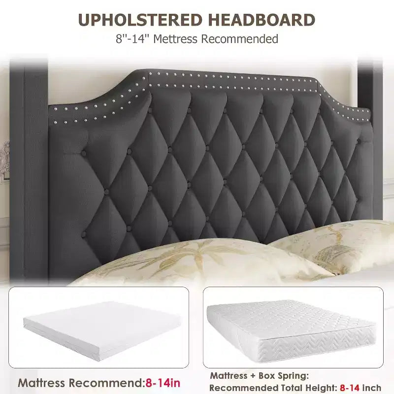 Hemelbedframe voor queensize bed met palen, hoekbeugels voor 4 hoeken, ondersteuning met latten van massief hout, geen boxspring nodig, geluidloos