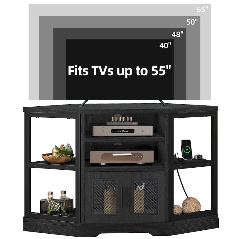 Mobile TV angolare in stile farmhouse, centro d'intrattenimento e consolle multimediale per TV fino a 55" con presa di corrente