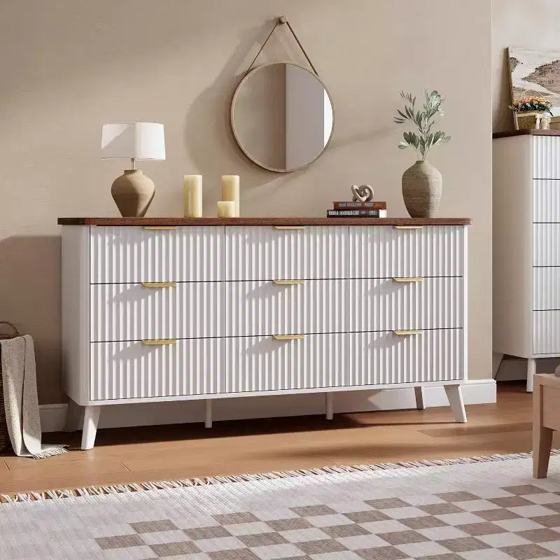 Dressoir met 9 laden en geribbelde voorkant, moderne ladekast, houten dressoir/TV-meubel met gebogen profiel, voor woonkamer of hal