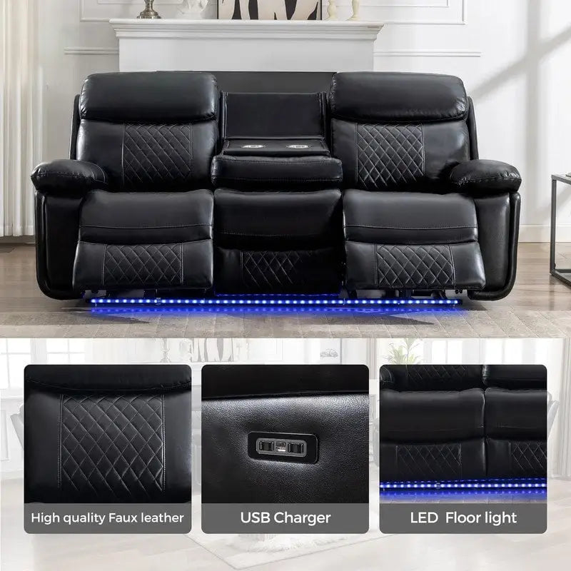 Elektrisch verstellbares Sofa mit kabellosem Ladegerät, Leselicht, LED-Beleuchtung für das Wohnzimmer, Kunstleder, AC-/USB-Anschluss, Getränkehalter, Schwarz
