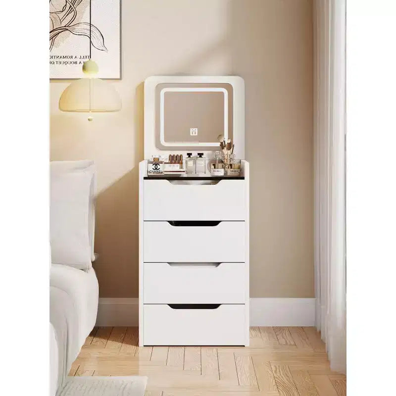 Toeletta 3-in-1 Okak con specchio ribaltabile, toeletta compatta con piano in vetro trasparente e sgabello imbottito, scrivania da toeletta per camera da letto