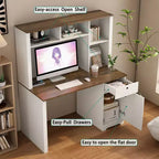 Moderne computerbureau van 51,18 inch met opzetkast en boekenkast, kantoorbureau met veel opbergruimte, schrijf bureau voor studeerkamer en leesruimte