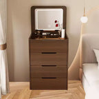 Toeletta 3-in-1 Okak con specchio ribaltabile, toeletta compatta con piano in vetro trasparente e sgabello imbottito, scrivania da toeletta per camera da letto