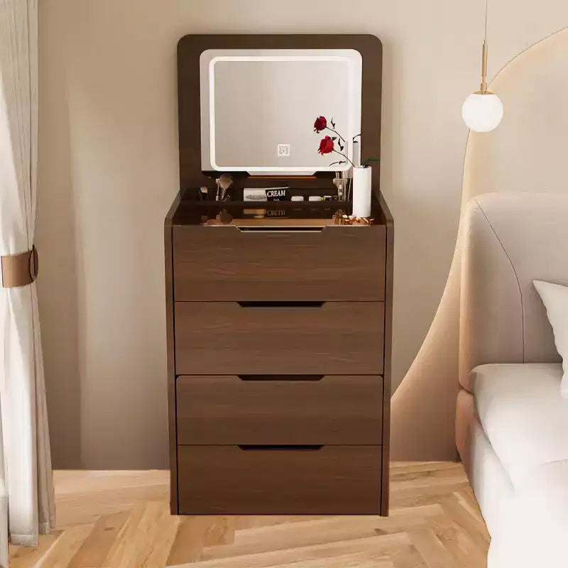 Toeletta 3-in-1 Okak con specchio ribaltabile, toeletta compatta con piano in vetro trasparente e sgabello imbottito, scrivania da toeletta per camera da letto