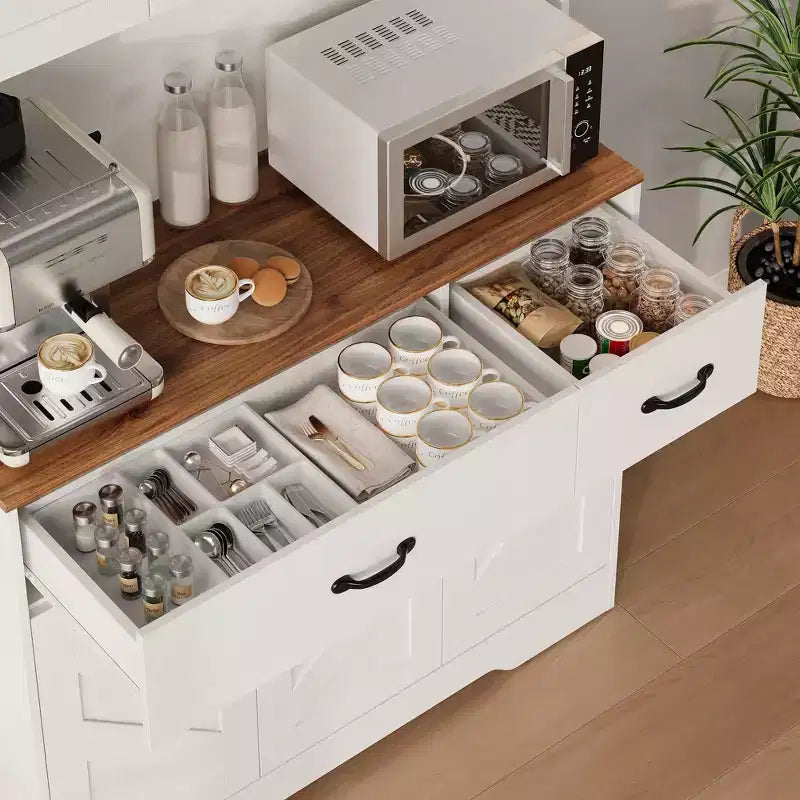Keukenvoorraadkast van 71 inch met laadstation, groot aanrechtblad, magnetronstandaard en 2 laden, vitrinekastopbergruimte voor eetkamer en woonkamer