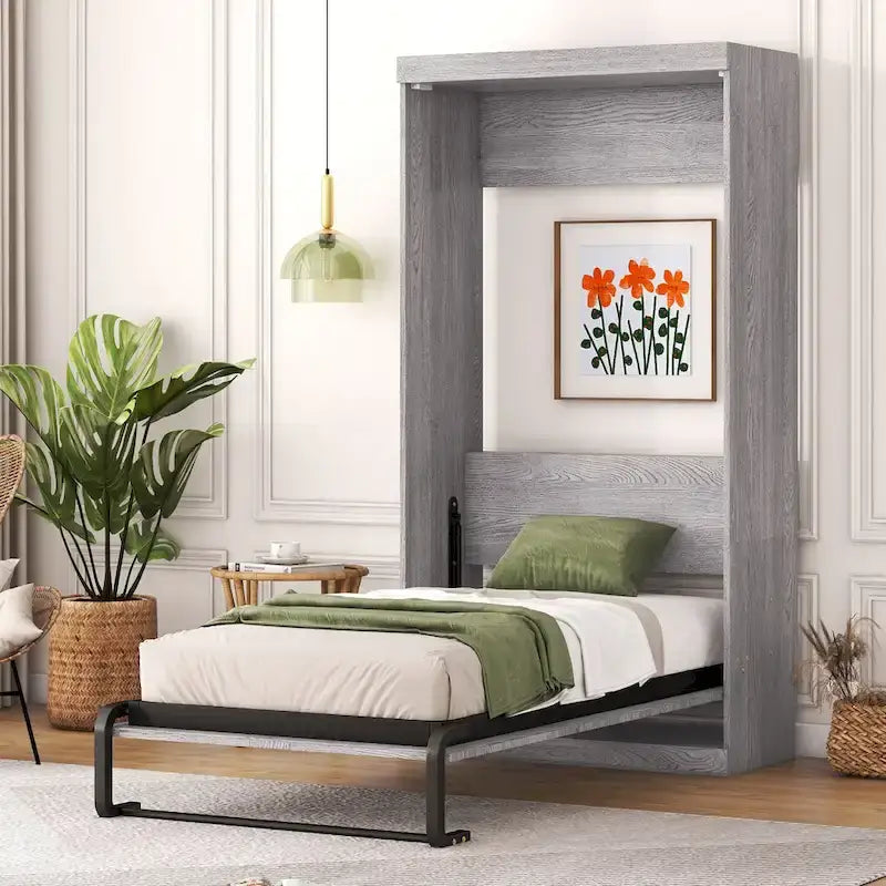 Letto a scomparsa singolo, ripiegabile in un armadio, grigio