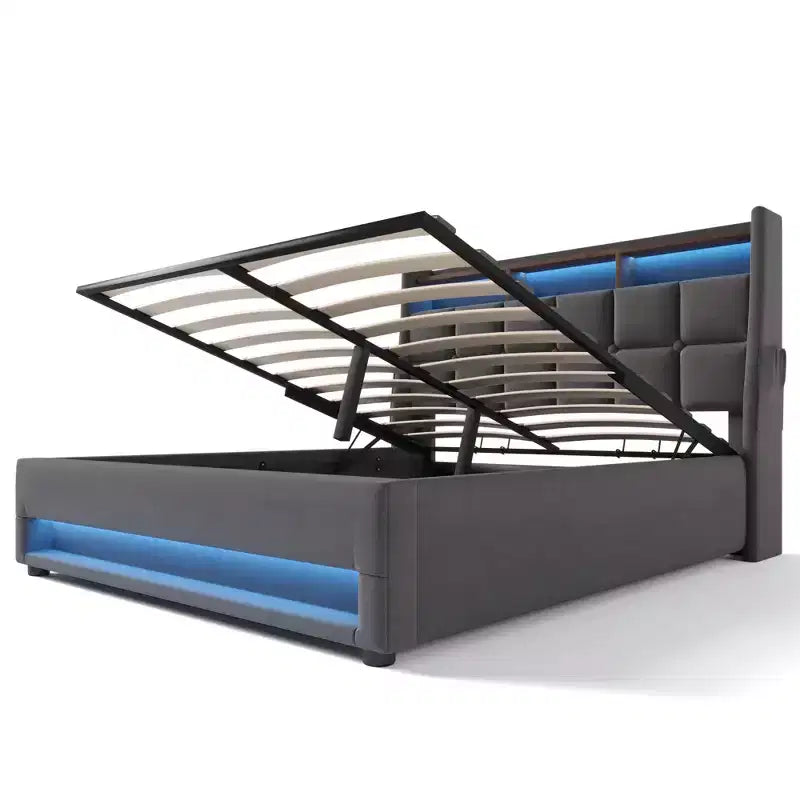 Letto matrimoniale queen size con contenitore idraulico, LED, USB, testiera imbottita, senza rete a doghe, facile da montare