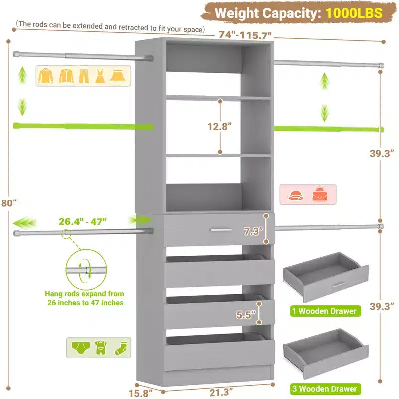 Sistema organizzatore per armadio in legno Besiost da 4-9 piedi, con 4 cassetti, 4 barre appendiabiti e moduli a ripiani