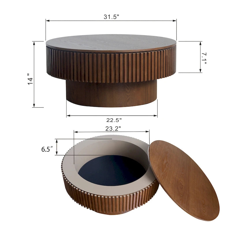Tavolino rotondo moderno in legno massello impiallacciato con contenitore, da caffè o da tè