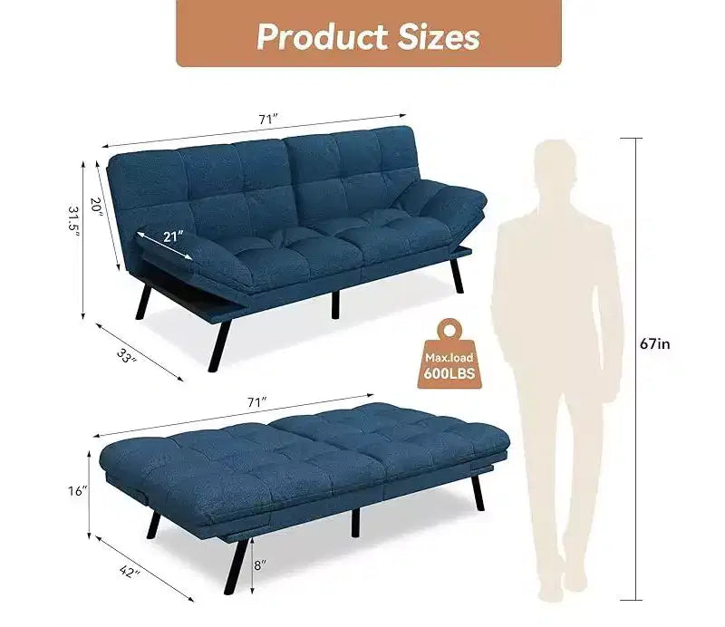 Divano letto futon convertibile con schienale regolabile e braccioli rimovibili
